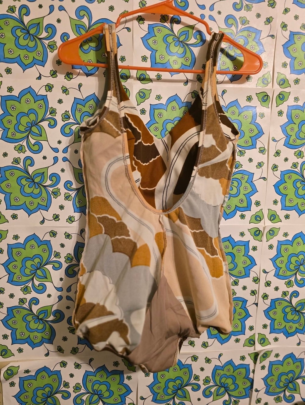 Vintage | Retro Groovy Abstract Print One-Piece Swimsuit — Brown & Gray - Picture 4 of 8
